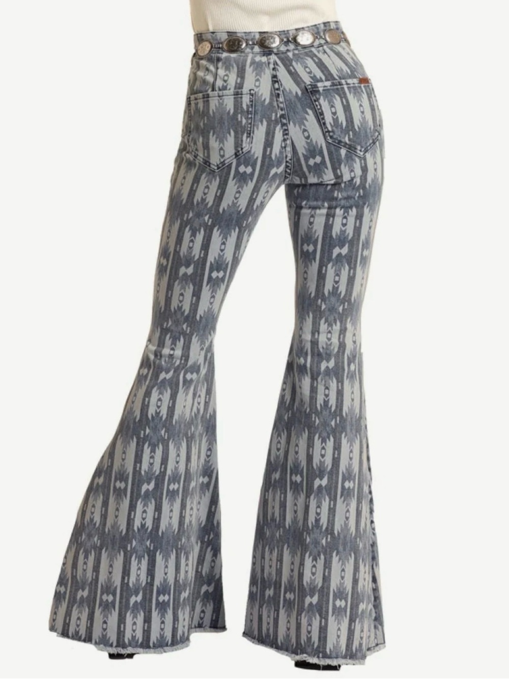 Rock & Roll Denim Aztec Print High-Rise Bell Bottom Jeans Boho Festival size 26